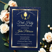 Elegant Blue Confetti First Heilige Communie Kaart