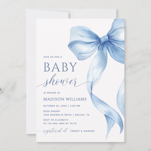 Elegant Blue Coquette Bow Baby shower Kaart (Voorkant)