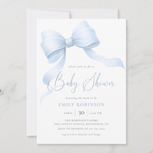 Elegant Blue Coquette Bow Boy Baby shower Kaart (Voorkant)