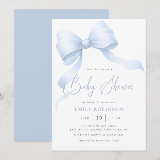 Elegant Blue Coquette Bow Boy Baby shower Kaart (Voorkant / Achterkant)