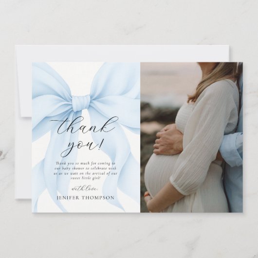 Elegant Blue Coquette Bow Girl Baby shower Foto Bedankkaart (Voorkant)