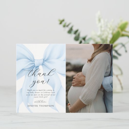 Elegant Blue Coquette Bow Girl Baby shower Foto Bedankkaart (Staand voorkant)