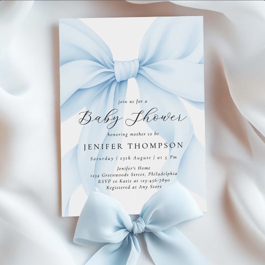 Elegant Blue Coquette Bow Girl Baby shower Kaart