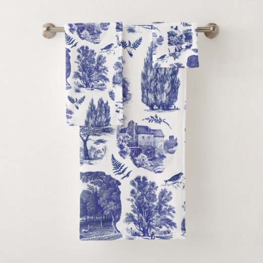 Elegant  Blue Country Pastoral Toile Bad Handdoek (Insitu)
