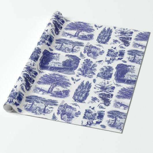 Elegant  Blue Country Pastoral Toile Cadeaupapier (Uitgerold)