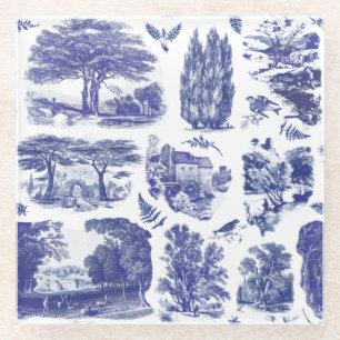 Elegant  Blue Country Pastoral Toile Glazen Onderzetter