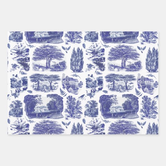 Elegant  Blue Country Pastoral Toile Inpakpapier Vel (Voorkant 3)