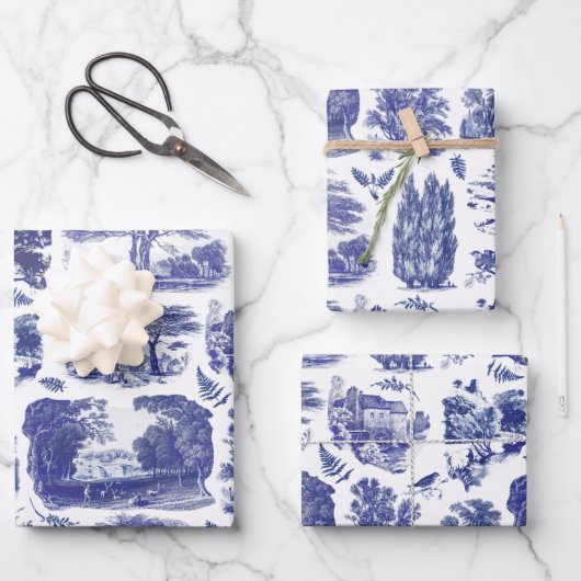 Elegant  Blue Country Pastoral Toile Inpakpapier Vel (Voorkant)