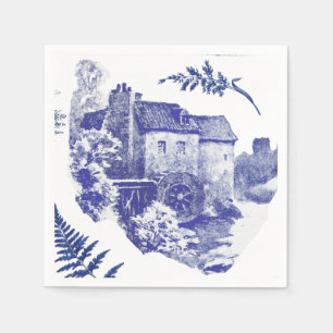 Elegant  Blue Country Pastoral Toile Mill Servet