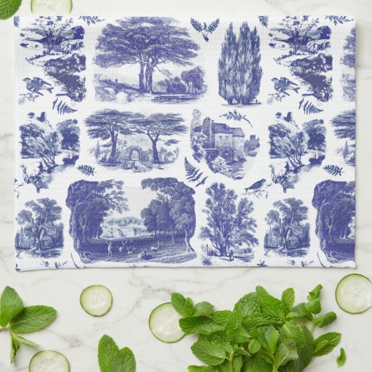 Elegant Blue Country Pastoral Toile Theedoek (Gevouwen)
