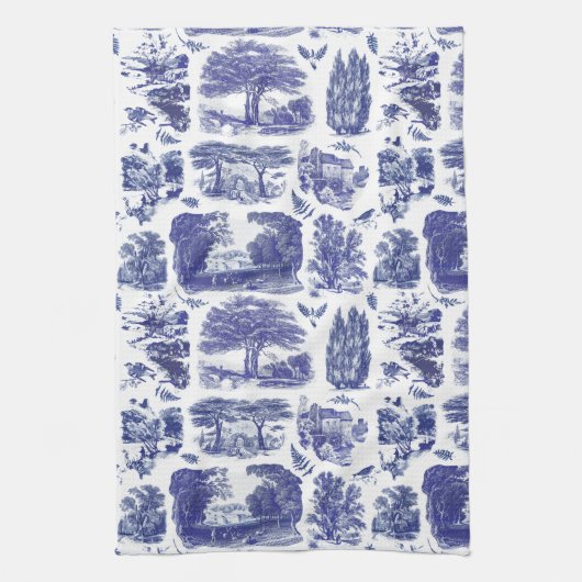 Elegant  Blue Country Pastoral Toile Theedoek (Verticaal)