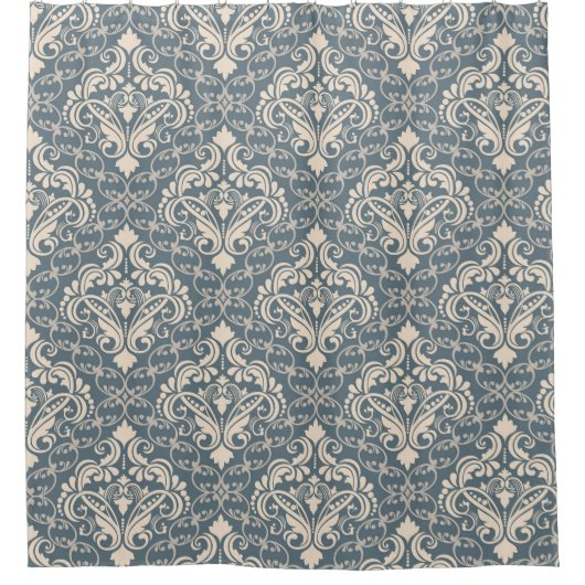Elegant Blue Cream Damask Douchegordijn (Voorkant)
