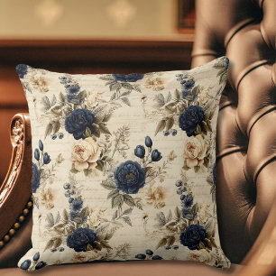 Elegant Blue Cream Rozen Bloemenpatroon Kussen