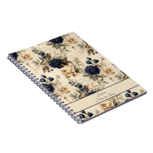 Elegant Blue Cream Rozen Bloemenpatroon Notitieboek (Rechterzijde)