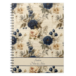 Elegant Blue Cream Rozen Bloemenpatroon Notitieboek