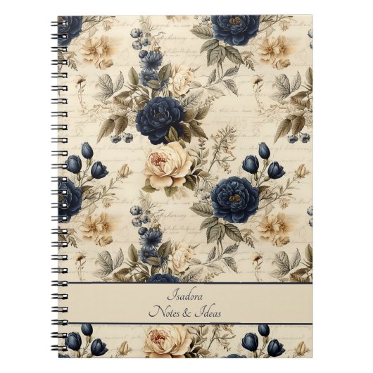 Elegant Blue Cream Rozen Bloemenpatroon Notitieboek (Voorkant)