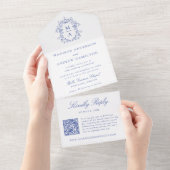 Elegant Blue Crest Chinoiserie Monogram Wedding All In One Uitnodiging (Afscheurbaar)