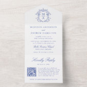 Elegant Blue Crest Chinoiserie Monogram Wedding All In One Uitnodiging (Binnen)