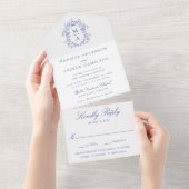 Elegant Blue Crest Chinoiserie Monogram Wedding All In One Uitnodiging (Afscheurbaar)