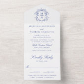 Elegant Blue Crest Chinoiserie Monogram Wedding All In One Uitnodiging (Binnen)