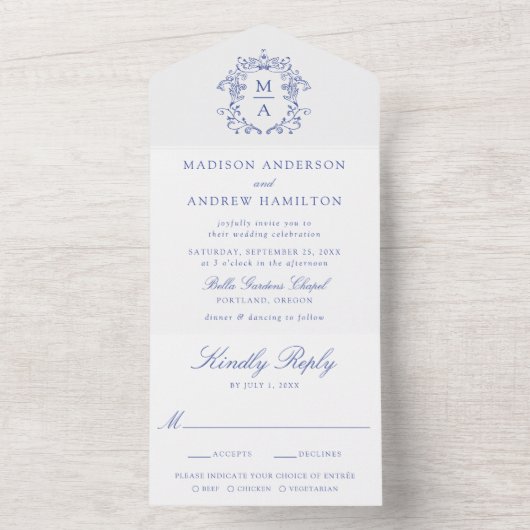 Elegant Blue Crest Chinoiserie Monogram Wedding All In One Uitnodiging (Binnen)