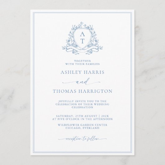 Elegant Blue Crest Monogram Wedding Invitation Kaart (Voorkant)