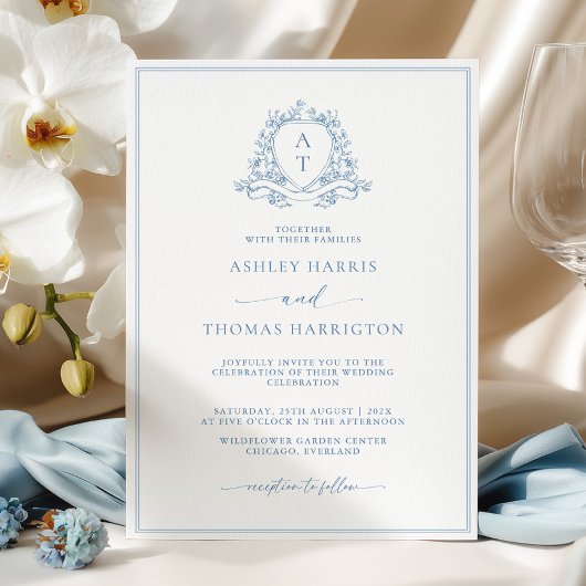 Elegant Blue Crest Monogram Wedding Invitation Kaart