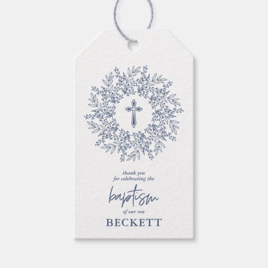 Elegant Blue Cross Boy Baptism Favor Cadeaulabel (Voorkant)