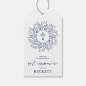 Elegant Blue Cross Boy First Communion Favor Cadeaulabel (Voorkant)