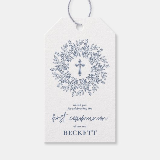 Elegant Blue Cross Boy First Communion Favor Cadeaulabel (Voorkant)