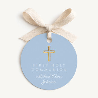 Elegant Blue Cross Boy First Communion Round Bedankjes Labels