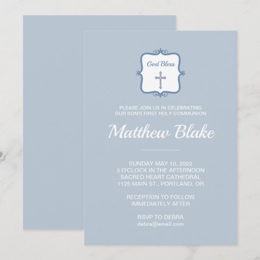 Elegant Blue Cross Boys Eerste communiqué uitnodig Kaart (Voorkant / Achterkant)