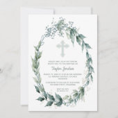 Elegant Blue Cross Greenery Baptisme Kaart (Voorkant)