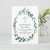 Elegant Blue Cross Greenery Baptisme Kaart (Staand voorkant)