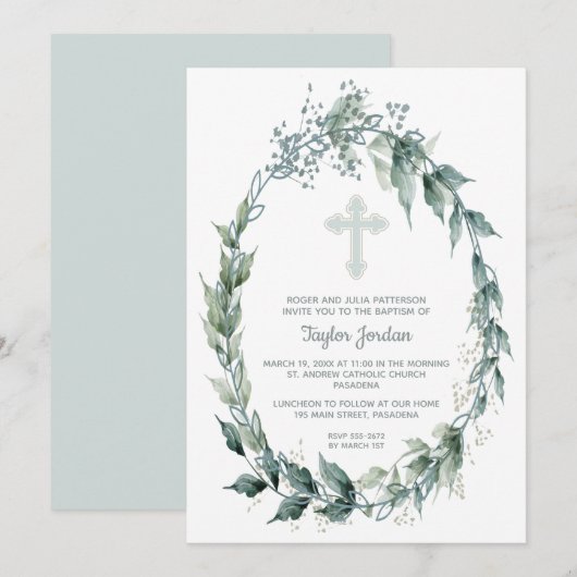 Elegant Blue Cross Greenery Baptisme Kaart (Voorkant / Achterkant)
