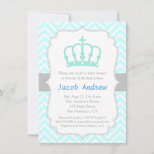 Elegant Blue Crown Prince Baby shower Uitnodiging (Voorkant)