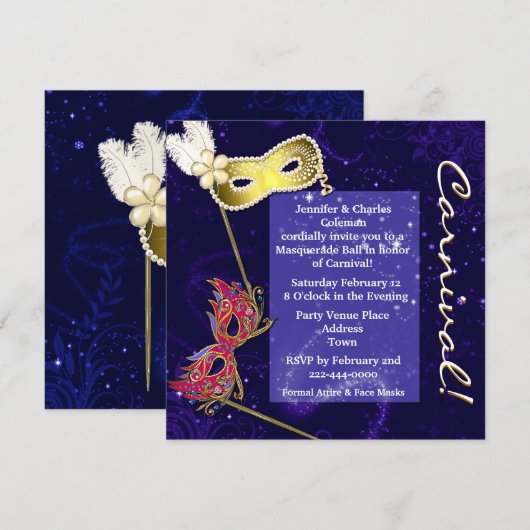 Elegant Blue Custom Masquerade Ball Invitation Kaart (Voorkant / Achterkant)