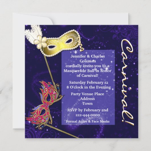 Elegant Blue Custom Masquerade Ball Invitation Kaart (Voorkant)