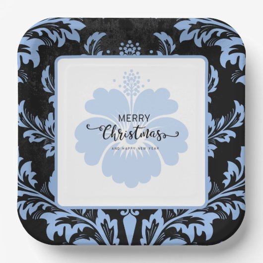 Elegant blue damask, aangepast kerstpapier Borden Papieren Bordje (Voorkant)