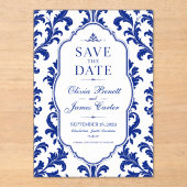 Elegant Blue Damask  Acryl Uitnodigingen (Voorkant)