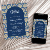 Elegant Blue Damask Arabian Arch Islamic Wedding Kaart