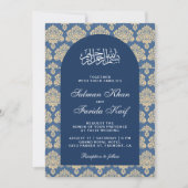 Elegant Blue Damask Arabian Arch Islamic Wedding Kaart (Voorkant)
