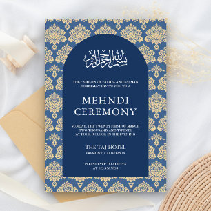 Elegant Blue Damask Arch Islamic Mehndi Ceremony Informatiekaartje