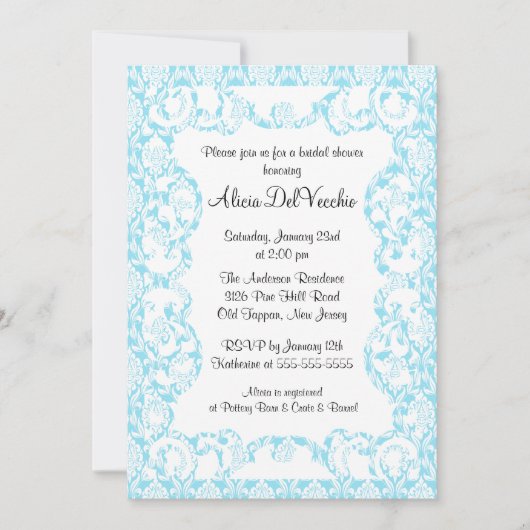 Elegant Blue Damask Bridal Shower Invitation Kaart (Voorkant)