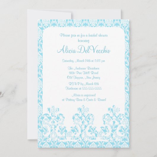 Elegant Blue Damask Bridal Shower Invitation Kaart (Voorkant)