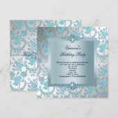 Elegant Blue Damask Floral Birthday Party Kaart (Voorkant / Achterkant)