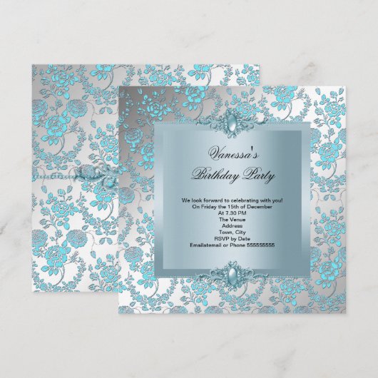 Elegant Blue Damask Floral Birthday Party Kaart (Voorkant / Achterkant)
