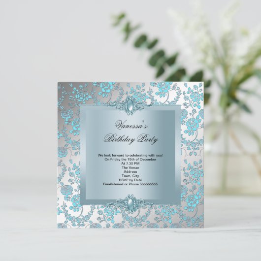 Elegant Blue Damask Floral Birthday Party Kaart (Staand voorkant)