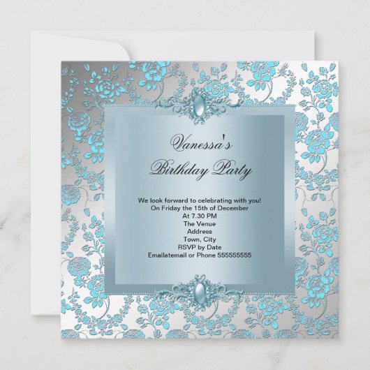 Elegant Blue Damask Floral Birthday Party Kaart (Voorkant)