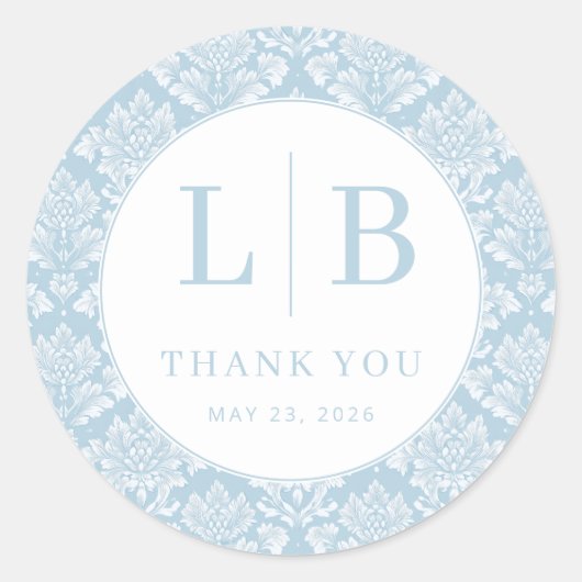 Elegant Blue Damask Initials Ronde Sticker (Voorkant)